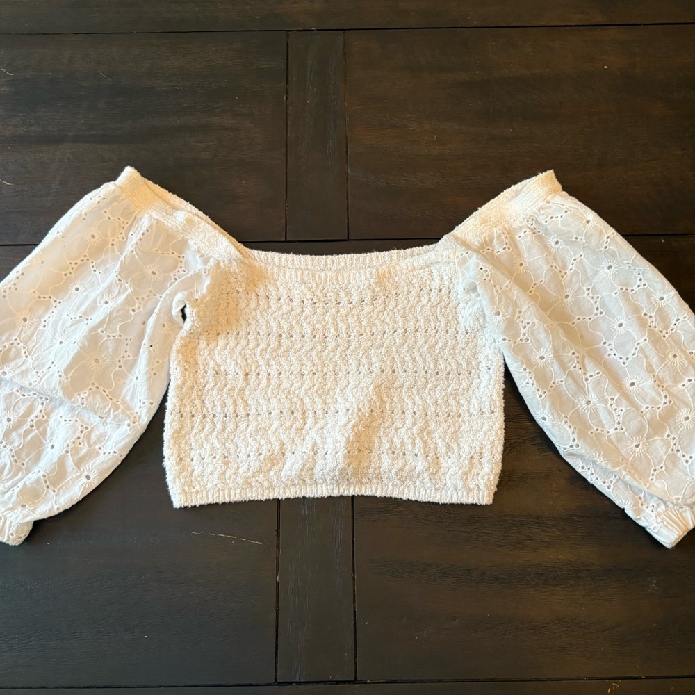 Zara White Textured Knit Top Puffy Sleeve Size Small